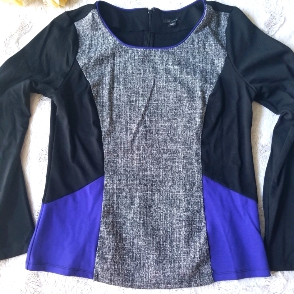 Ann Taylor Long Sleeve Grey Black Blue Panel‎ Crew Neck Blouse Size L